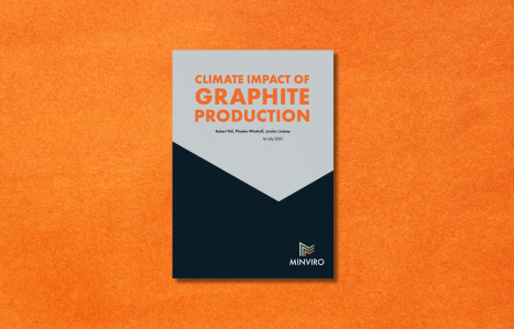 Cover of the 'Climate Impact of Graphite Production' report by Minviro, dated June 2021, featuring a two-tone design with the title in uppercase letters, authors' names Robert Pell, Phoebe Whattoff, Jordan Lindsay, and the Minviro logo at the bottom.