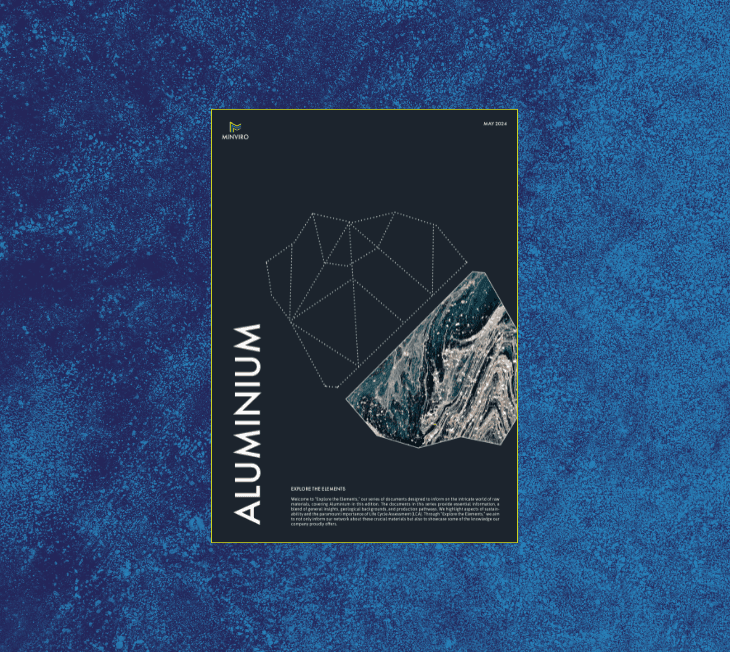 Cover of the 'Explore the Elements: Aluminium' report by Minviro, featuring a stylised geometric design and an abstract image of aluminium ore.