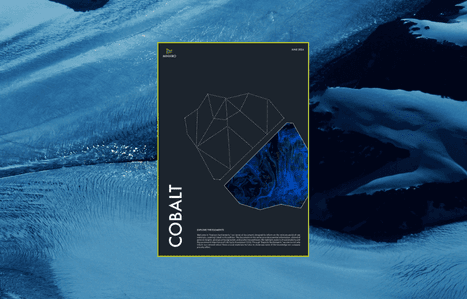 June 2024 Minviro report cover on Cobalt, featuring a blue geometric map and the word 'COBALT' vertically. Background shows a blue ice landscape.