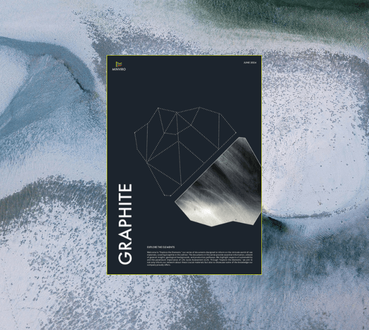 Cover image of Minviro's 'Explore the Elements' guide on graphite, featuring a geometric illustration and a photograph of graphite with a background of abstract textured design.