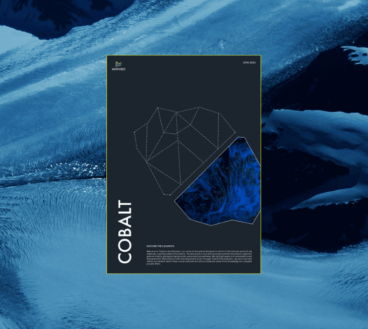 June 2024 Minviro report cover on Cobalt, featuring a blue geometric map and the word 'COBALT' vertically. Background shows a blue ice landscape.