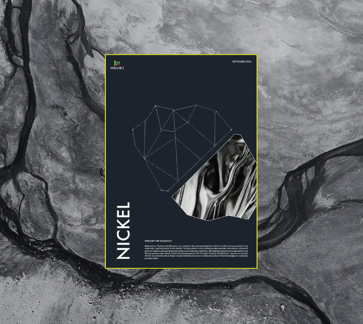 This image shows a promotional cover for a document titled "Explore the Elements: Nickel" from September 2024, part of Minviro’s series. The design features a geometric outline of a mineral shape on the top center, representing nickel, with a detailed close-up of a metallic, swirling texture inserted into one section of the shape. The background is dark, contrasted with bright lime-green borders, giving the image a sleek, modern aesthetic. The word "Nickel" is vertically aligned on the left, and a brief description of the document series is printed at the bottom of the cover. In the background of the overall design, a natural texture resembling eroded rock or soil is visible in black and gray tones, reinforcing the connection to raw materials and geology.