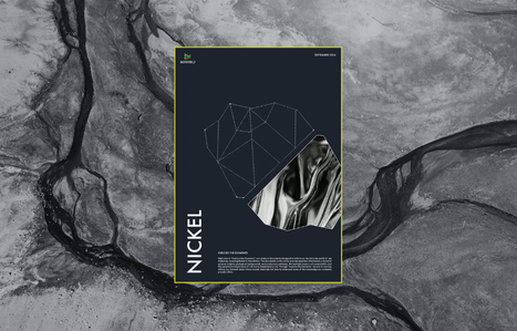 This image shows a promotional cover for a document titled "Explore the Elements: Nickel" from September 2024, part of Minviro’s series. The design features a geometric outline of a mineral shape on the top center, representing nickel, with a detailed close-up of a metallic, swirling texture inserted into one section of the shape. The background is dark, contrasted with bright lime-green borders, giving the image a sleek, modern aesthetic. The word "Nickel" is vertically aligned on the left, and a brief description of the document series is printed at the bottom of the cover. In the background of the overall design, a natural texture resembling eroded rock or soil is visible in black and gray tones, reinforcing the connection to raw materials and geology.