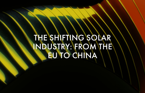 Abstract image featuring a series of wavy, yellow and green lines on a dark background with the text 'The Shifting Solar Industry: From the EU to China' overlaid.