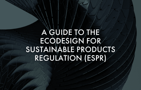 Abstract design background with the title 'A Guide to the Ecodesign for Sustainable Products Regulation (ESPR)' in white text.