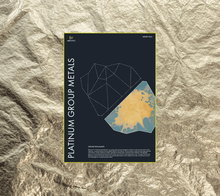 Cover of the Platinum Group Metals (PGM) report by Minviro, featuring a geometric abstract design with metallic and mineral textures, titled 'Explore the Elements' and dated August 2024.