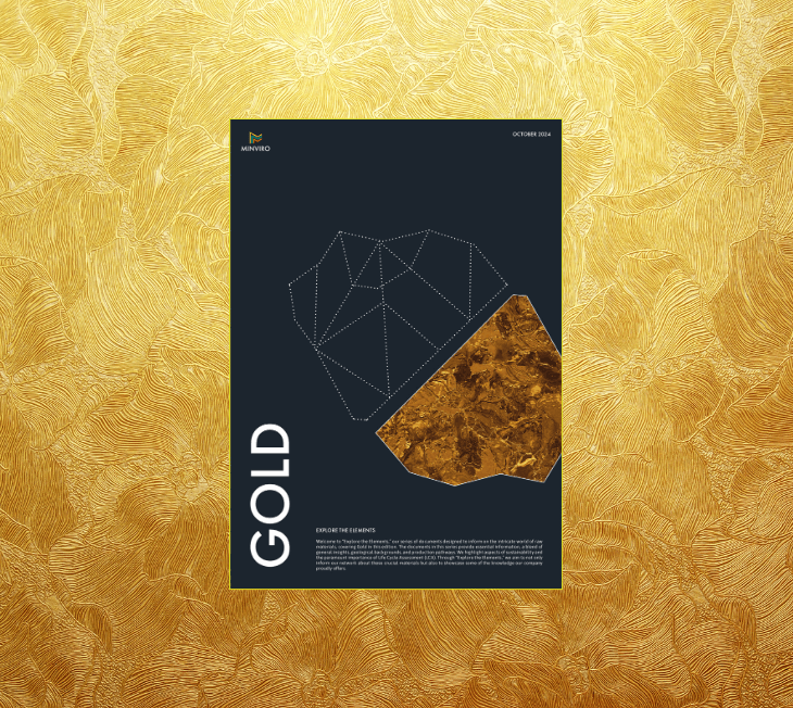 Gold background with the document cover of explore the elements: gold which features the title as well as a rock formation hinting to gold